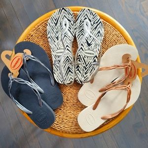 Set of 3 Havaianas flip flop sandals: blue grey metallic, rose gold tan, silver